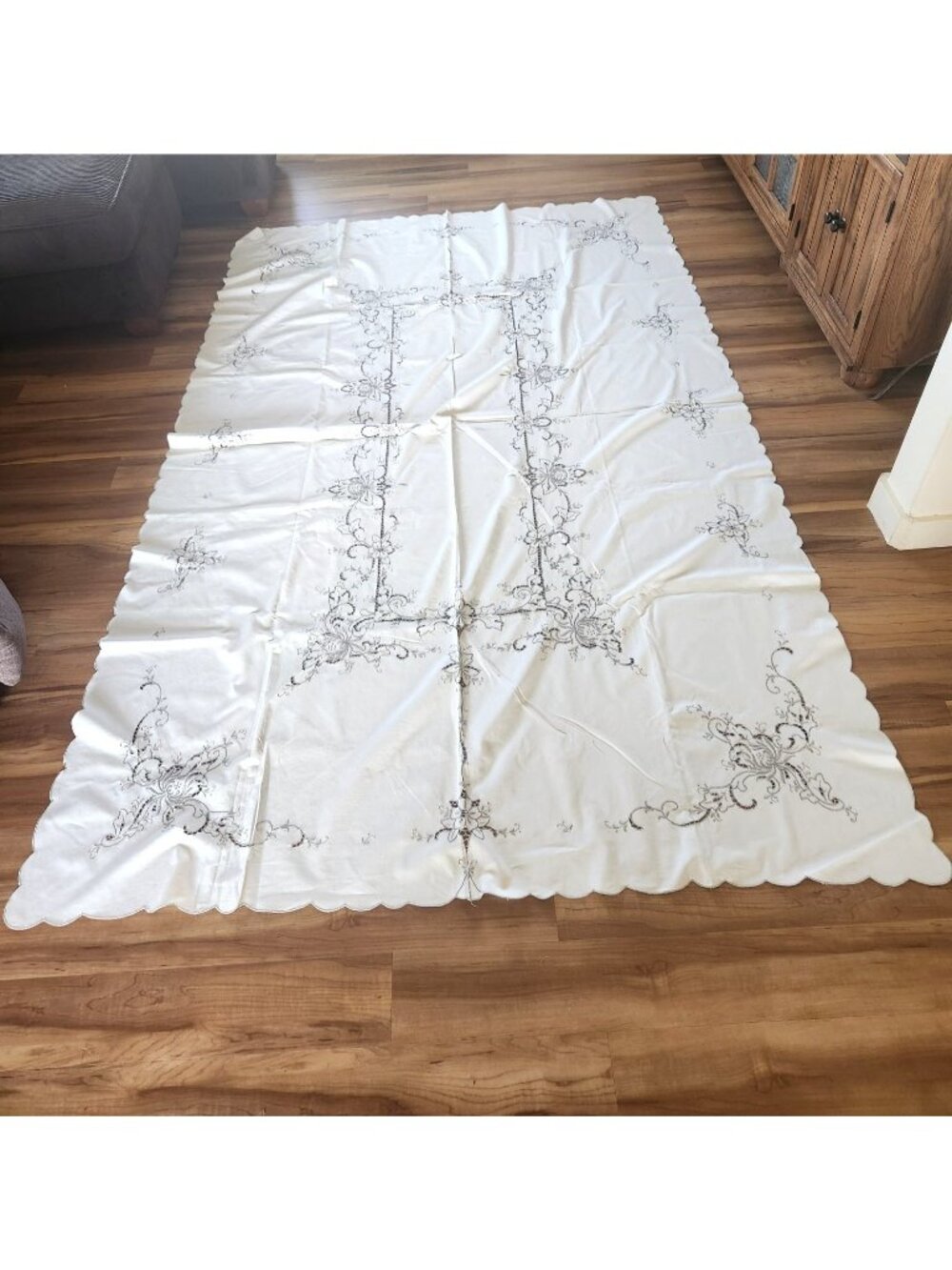Vintage Tablecloth With Madeira hand cut work Off-White With Gray Embroidery 95"
